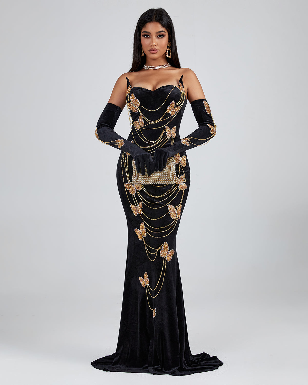 Golden Butterfly Ornamented Maxi Dress With Gloves