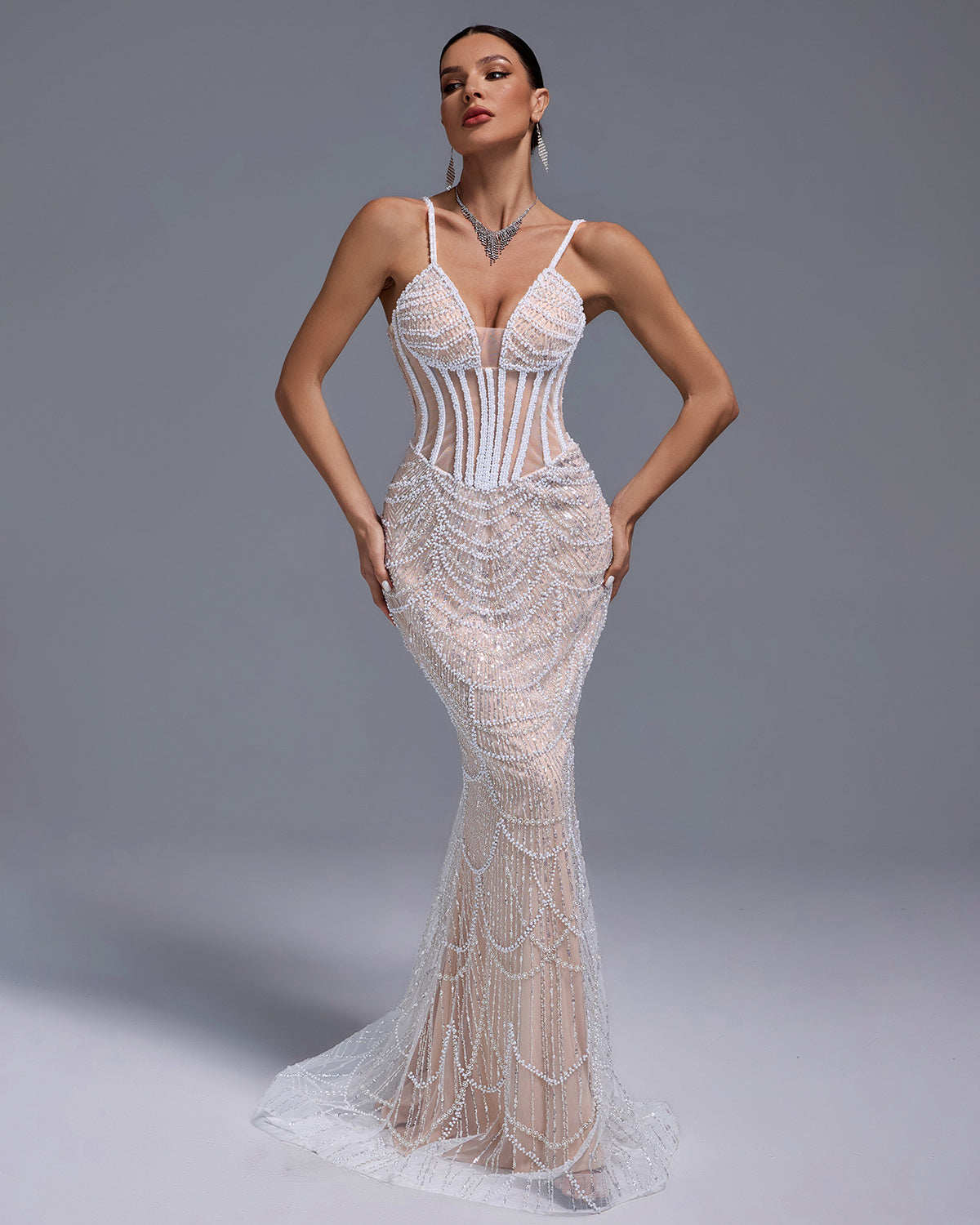Pearls Gauze Fishbone Bustier Maxi Dress HT960