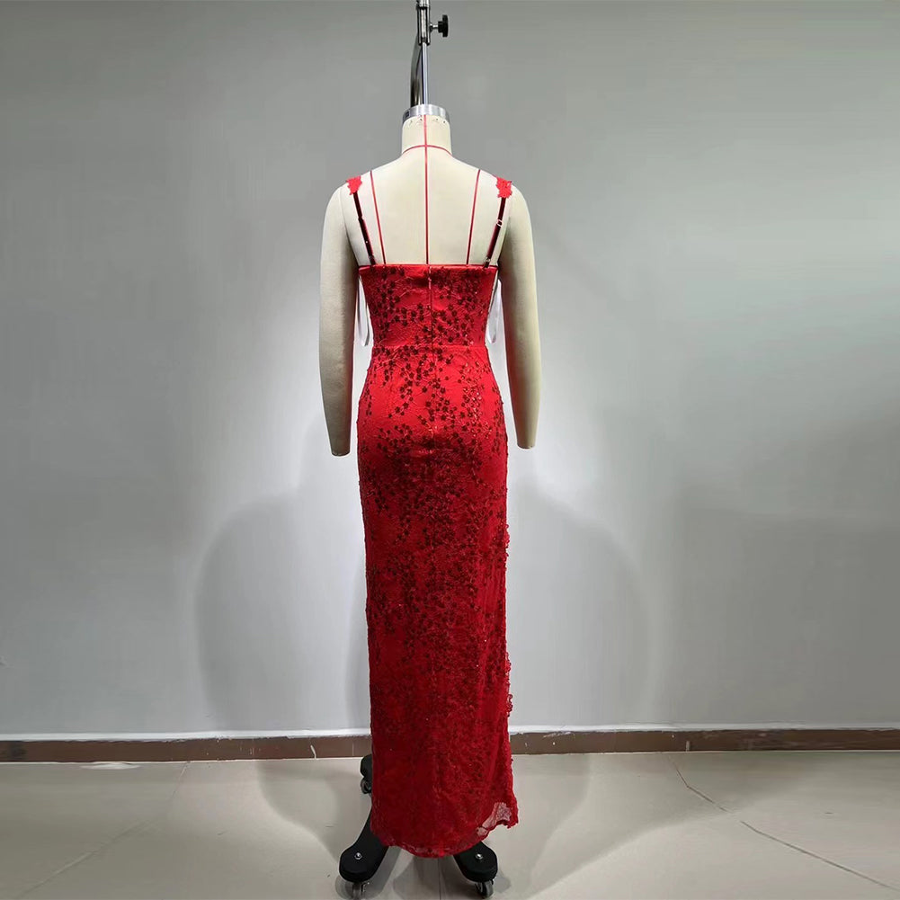 Strappy Sleeveless Lace Maxi Bodycon Dress HT965