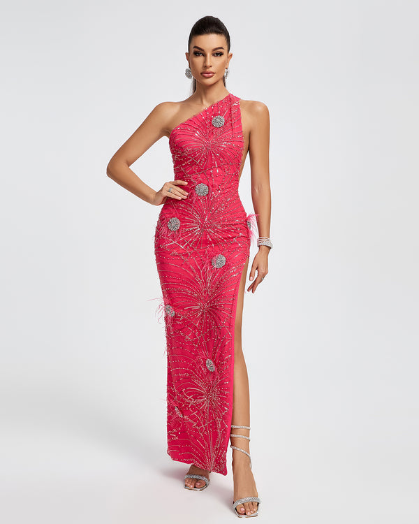 Crystal Embellished Sequin High Split Gown