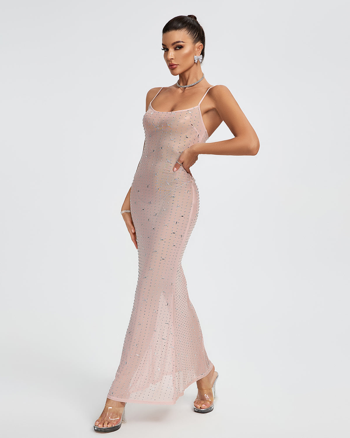 Crystal Embellished See-through Maxi Dress