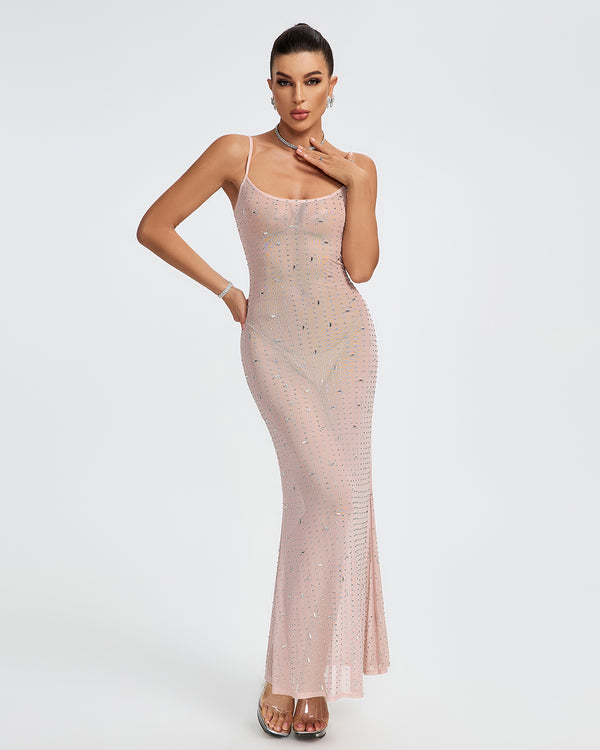 Crystal Embellished See-through Maxi Dress