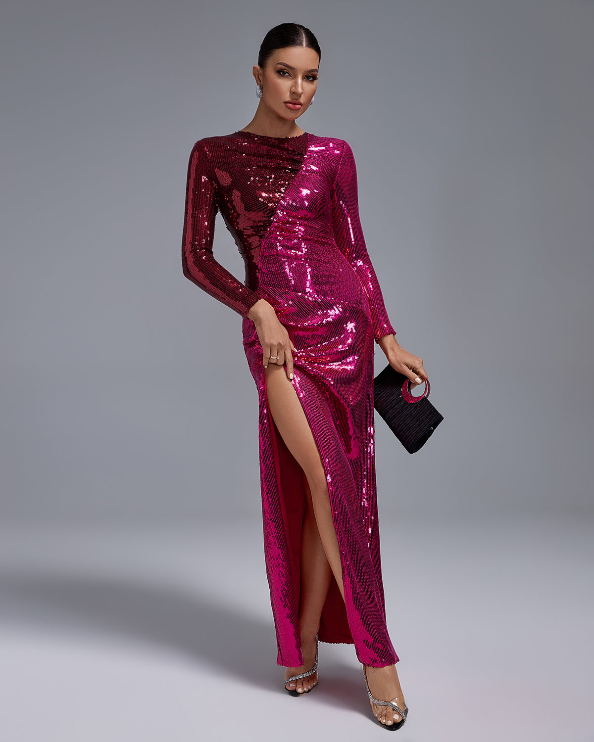 Ruched Sequined High Slit Maxi Dress
