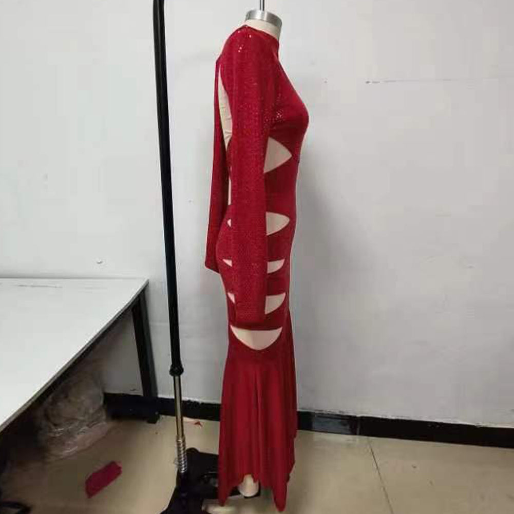 Semi-High Collar Long Sleeve Cut Out Maxi Dress KLYF1082