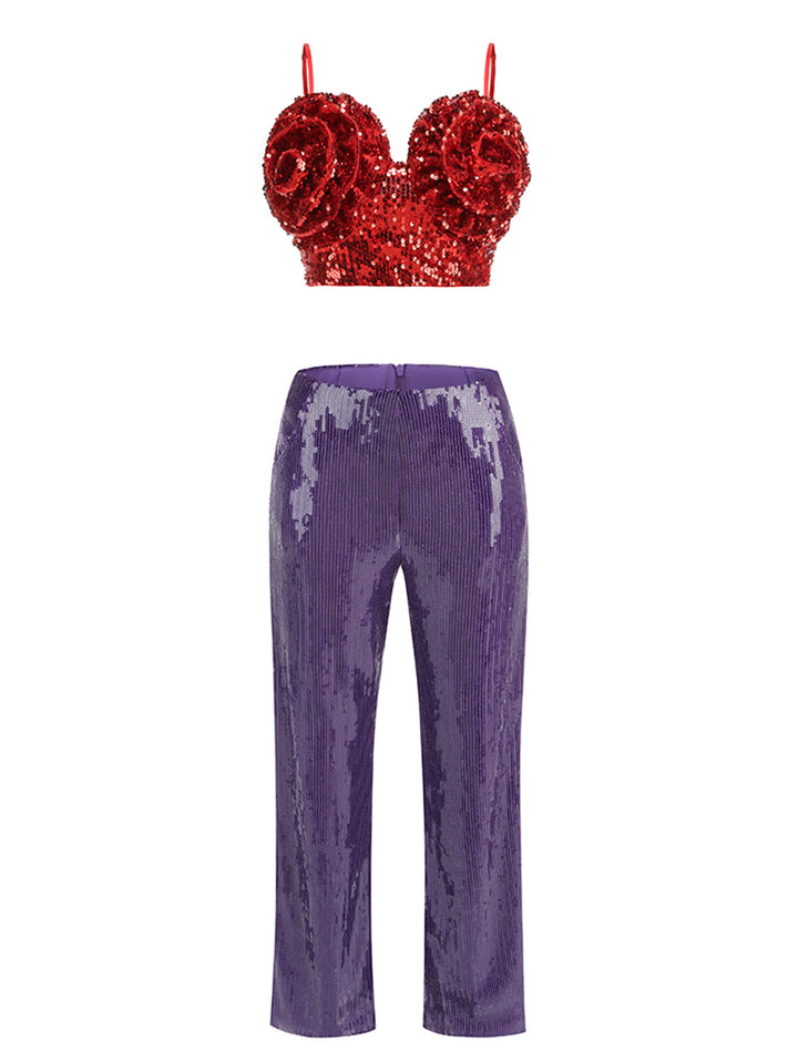 Red 3D Floral Sequins Tank & Purple Straight Leg Pants