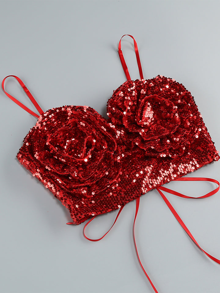 Red 3D Floral Sequins Tank & Purple Straight Leg Pants