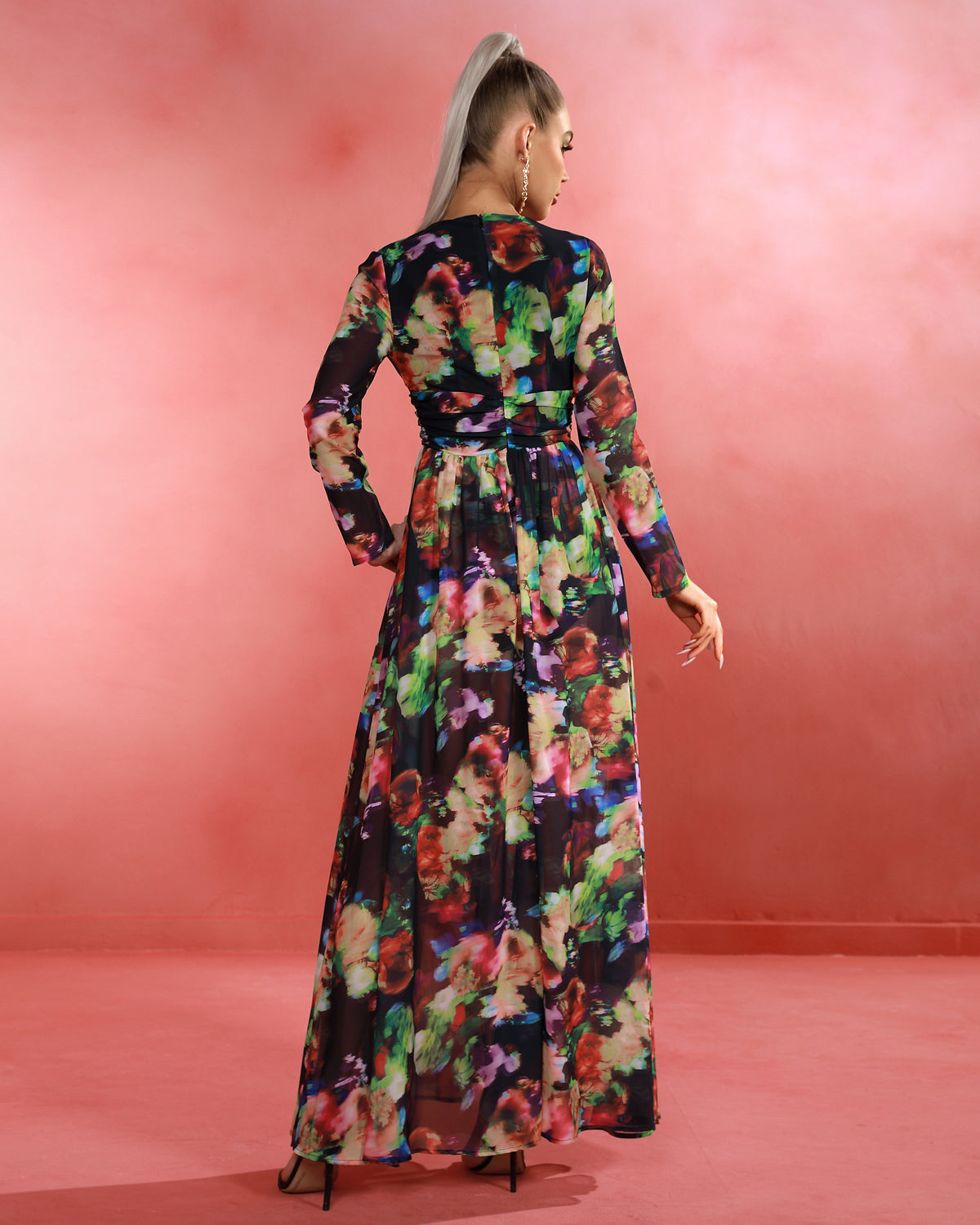 V Neck Floral Print Maxi Dress