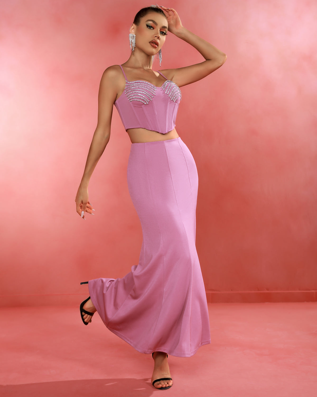 Bodycon Cod Set Strappy Fishtail Rhinestone Maxi Bodycon Set KLYF851 | Wolddress ...