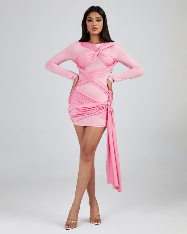 Pink Wrap-Around Draped Mini Dress