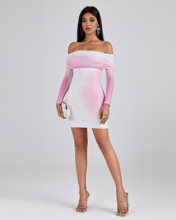 Off Shoulder Rhinestone Mini Dress