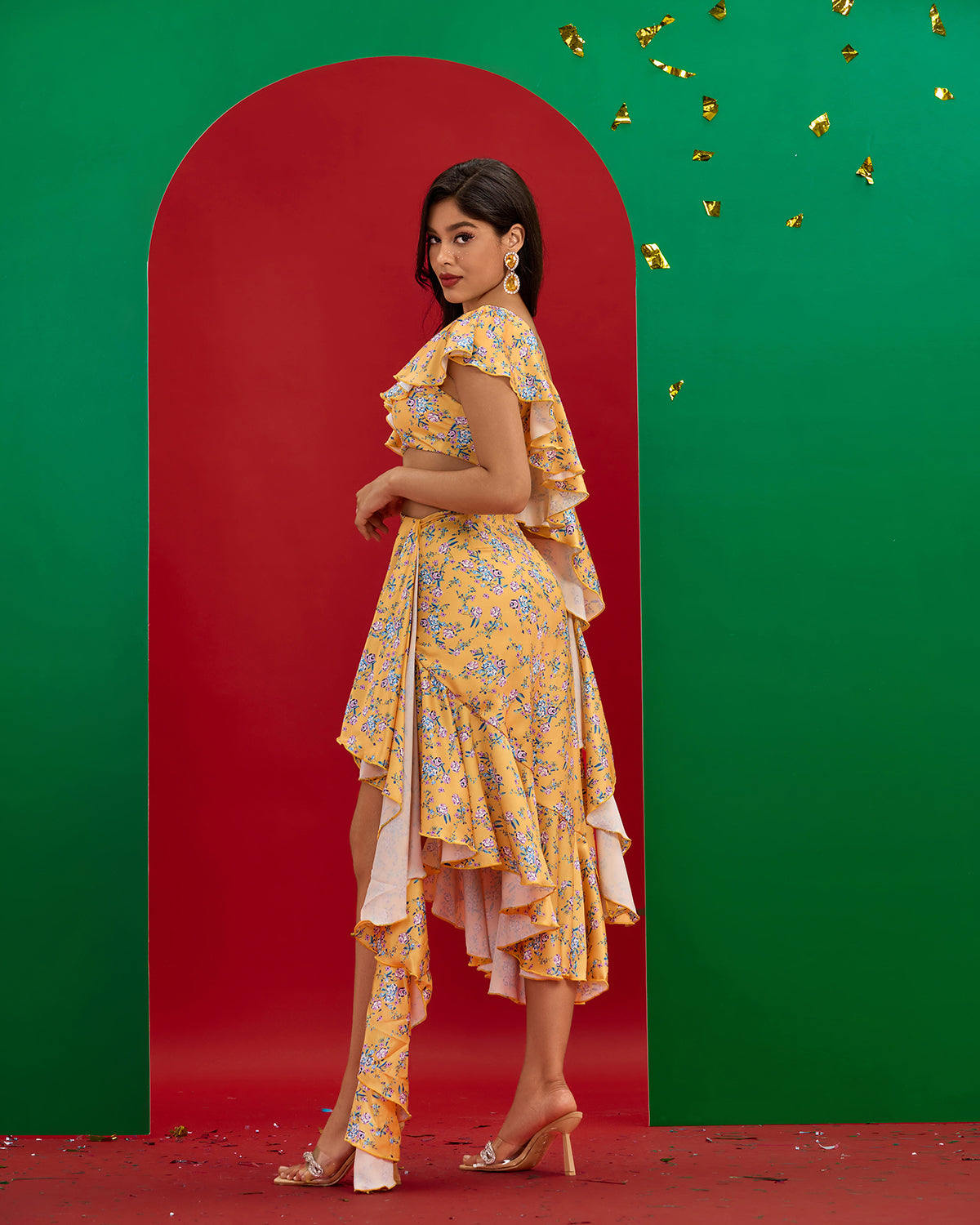 Asymmetric Cutout Ruffle Floral Dress