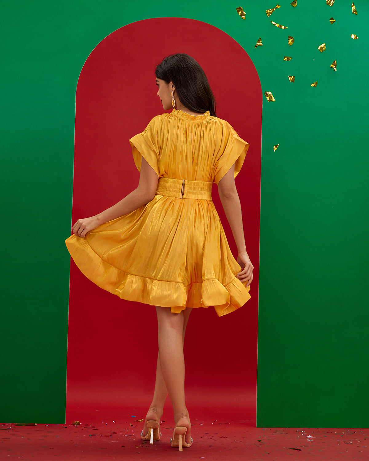 Yellow Cape-effect Belted Mini Dress