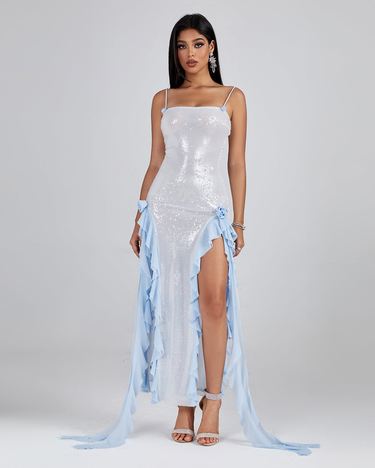 Blue Ruffle Detail Sequin Maxi Dress