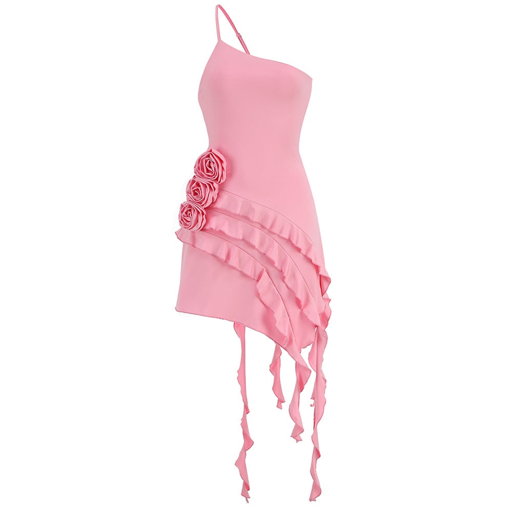 Asymmetric Ruffled 3D Floral Dress