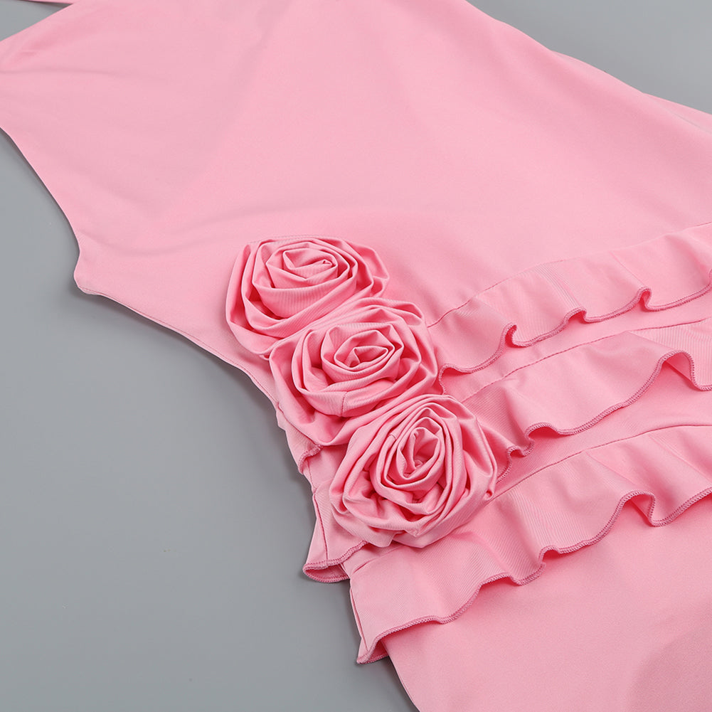 Asymmetric Ruffled 3D Floral Dress