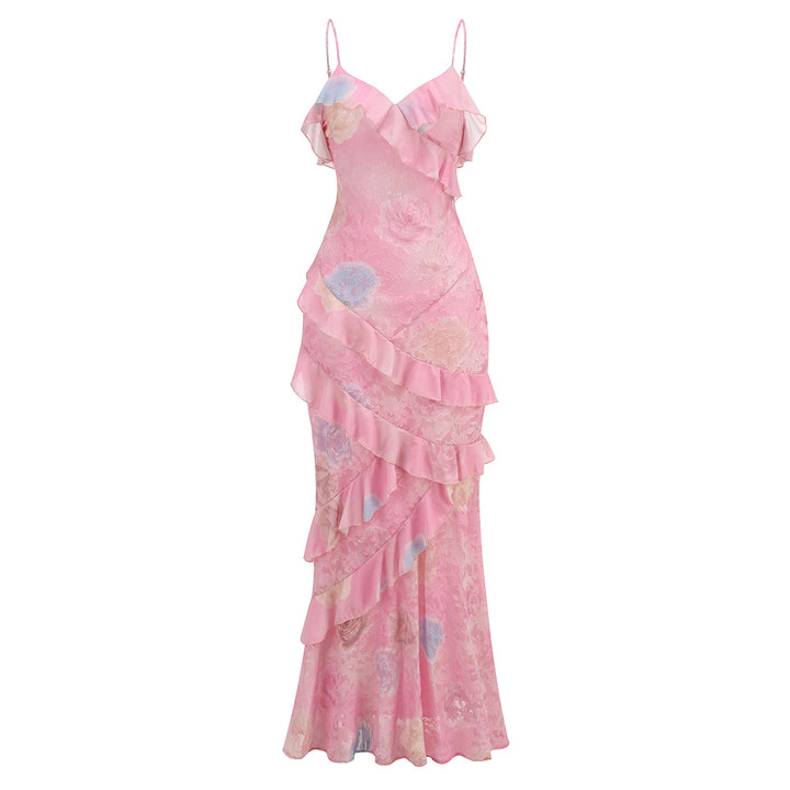 Boho Floral Maxi Pink Strappy Dress