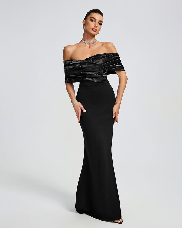 Off Shoulder Crepe Ruffle Maxi Dress