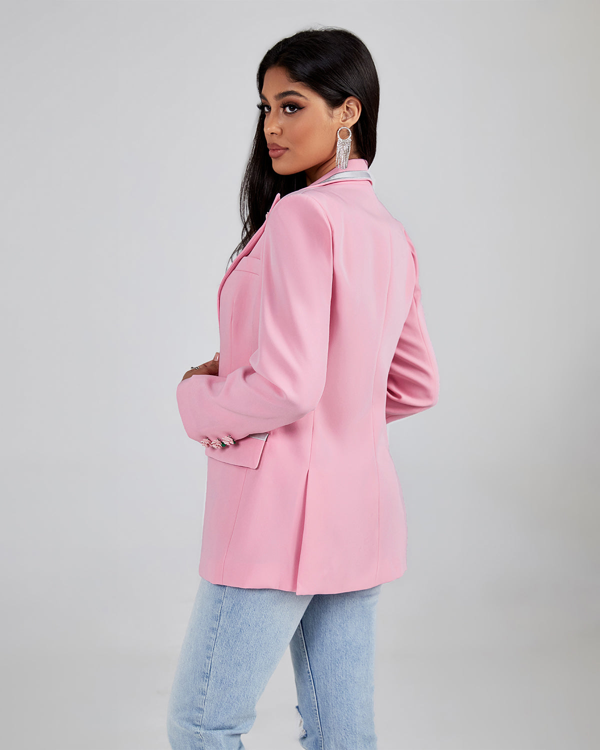 Pink Rose Detailed Single Buckle Blazer