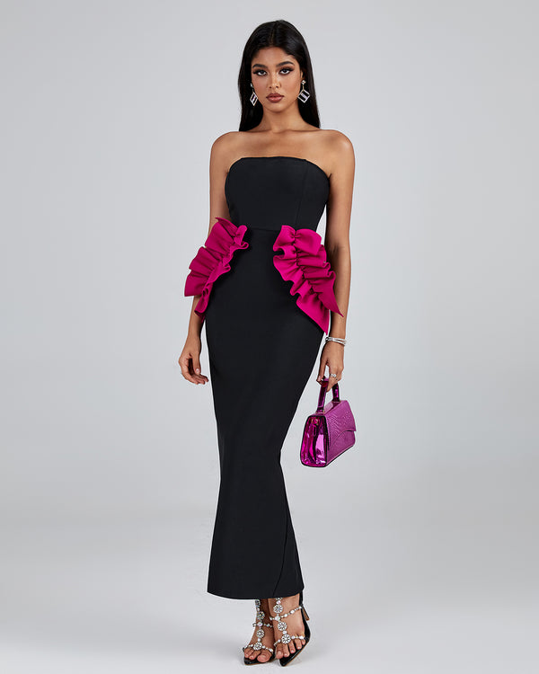 Pleated Ornamented Bandage Long Dress
