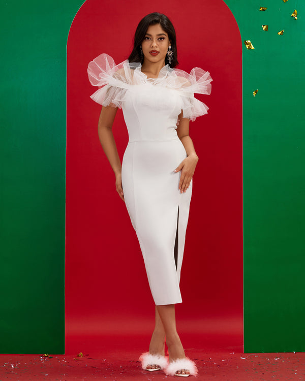 Off Shoulder Tulle Midi Slit Bandage Dress