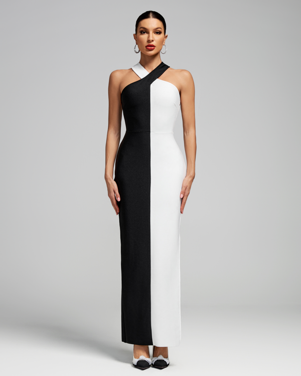 Black-White Cross Halter Neckline Bandage Dress