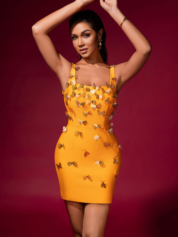Gold Butterfly Embellished Bandage Mini Dress