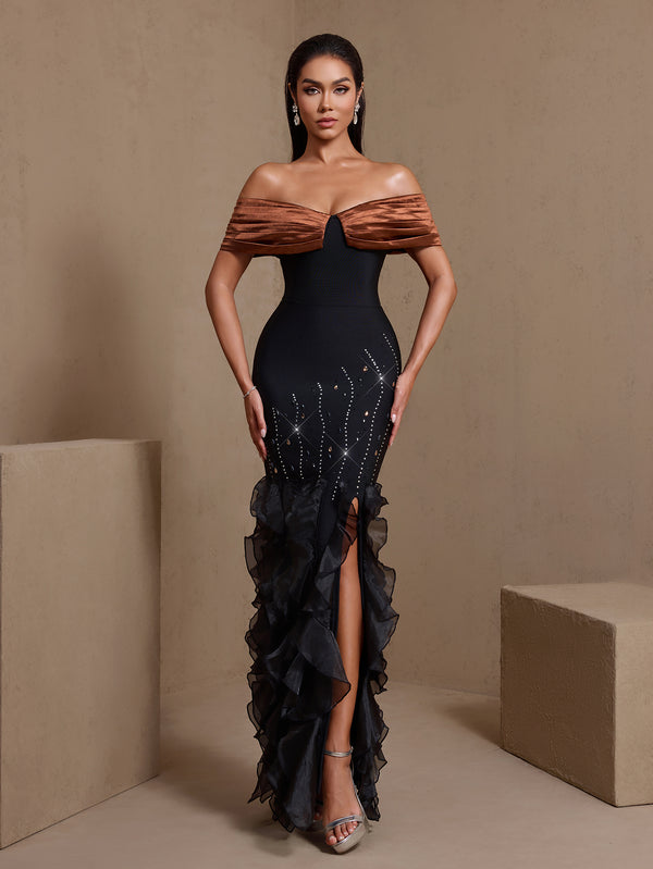 black bandage rhinestone dress Rippled Edge Slit MasterSku:DN5D9005 Livesso Women's Solid Color Hand wash cold Shoe Size:13