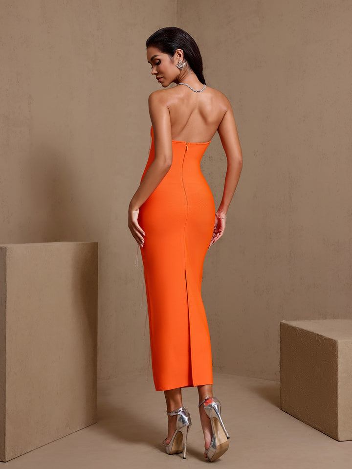 orange strapless bandage dress Strapless Crystal Beading Midi Bandage Dress