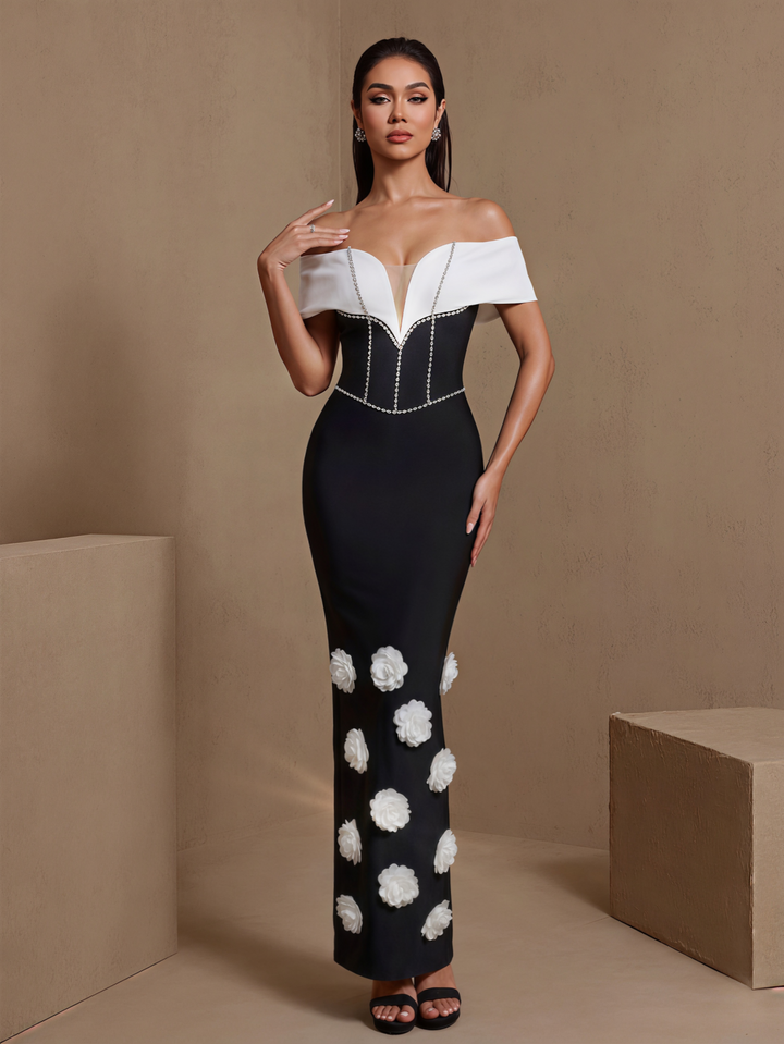 White-Flowers Drill Chain Bandage Dress OW26035