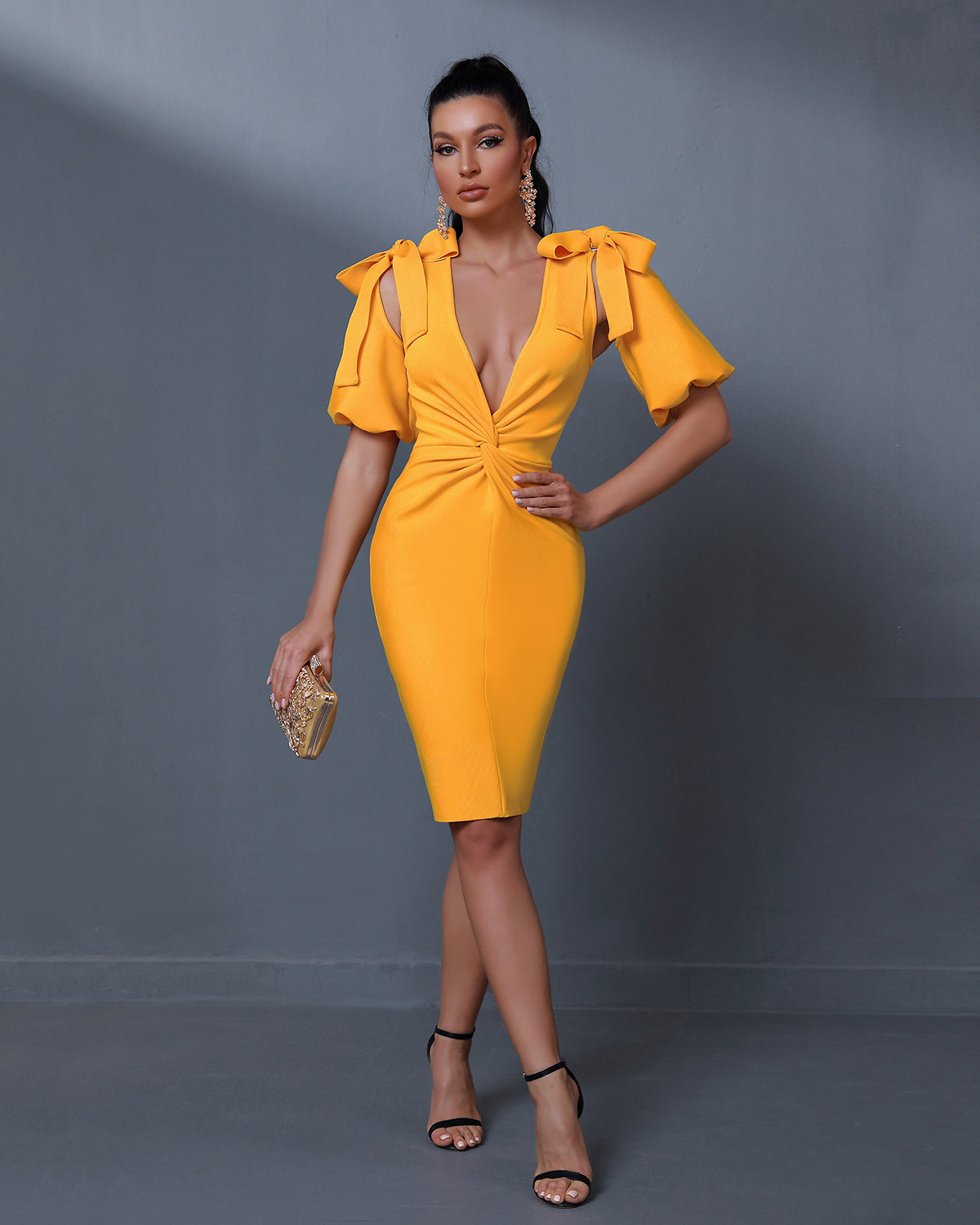 Yellow Puff-sleeve Cut Out Bandage Dress