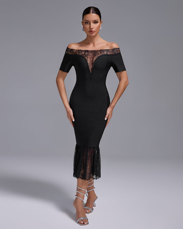 Off Shoulder Bandage Midi Lace Dress