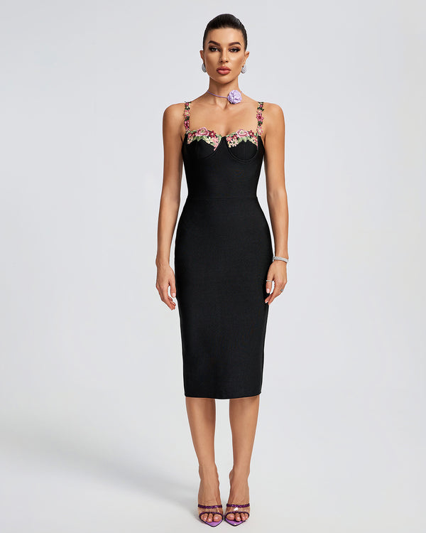 Floral Applique Strap Midi Bandage Dress