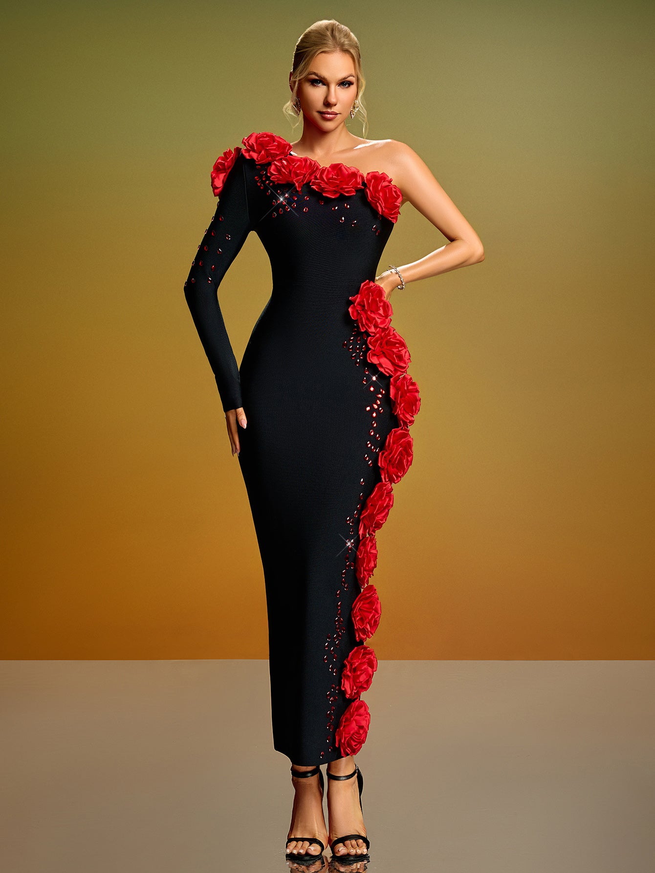 One Shoulder Long Sleeve 3D Flowers Asymmetrical Maxi Bandage