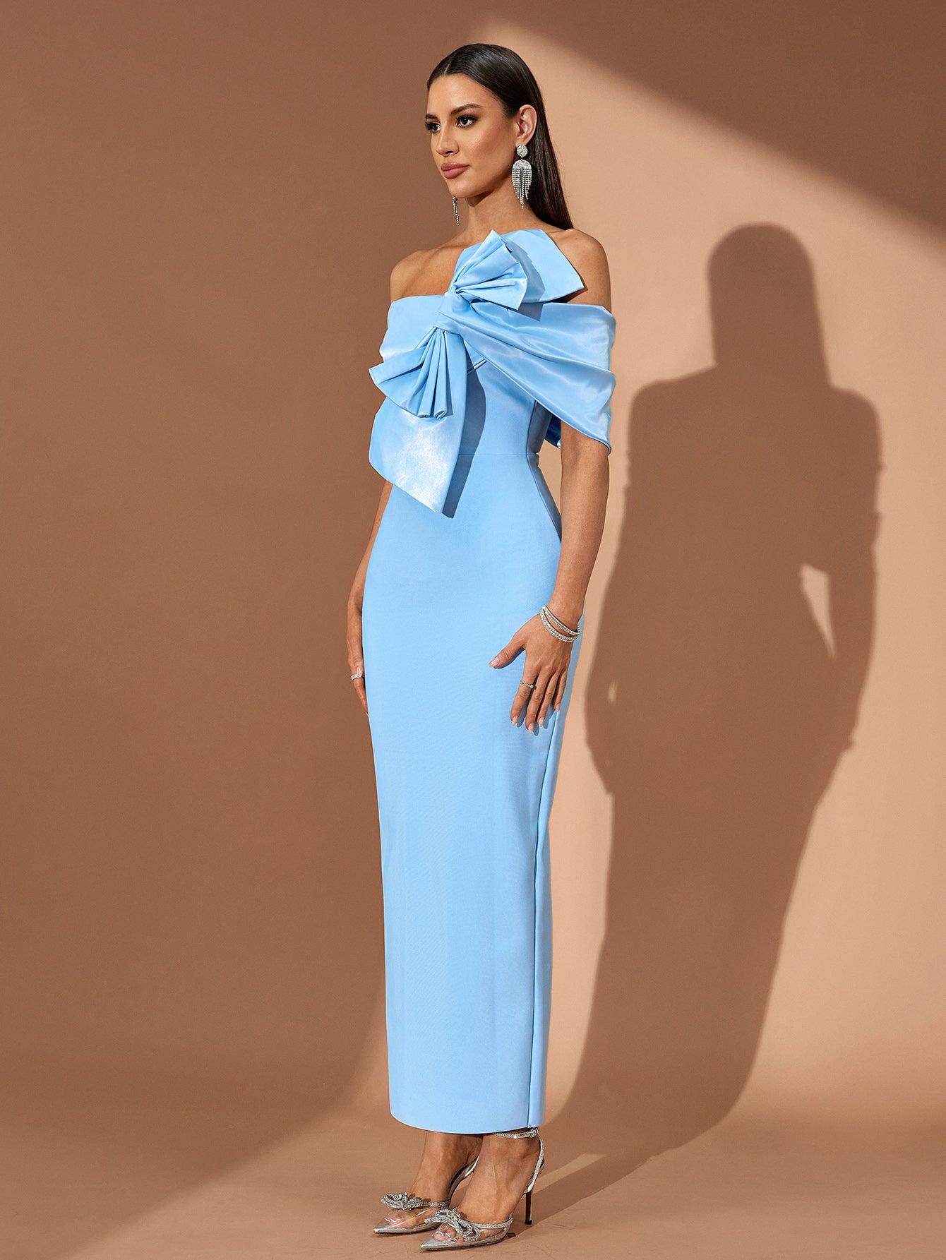 Off Shoulder Asymmetric Bowknot Maxi Bandage Dress PP1995