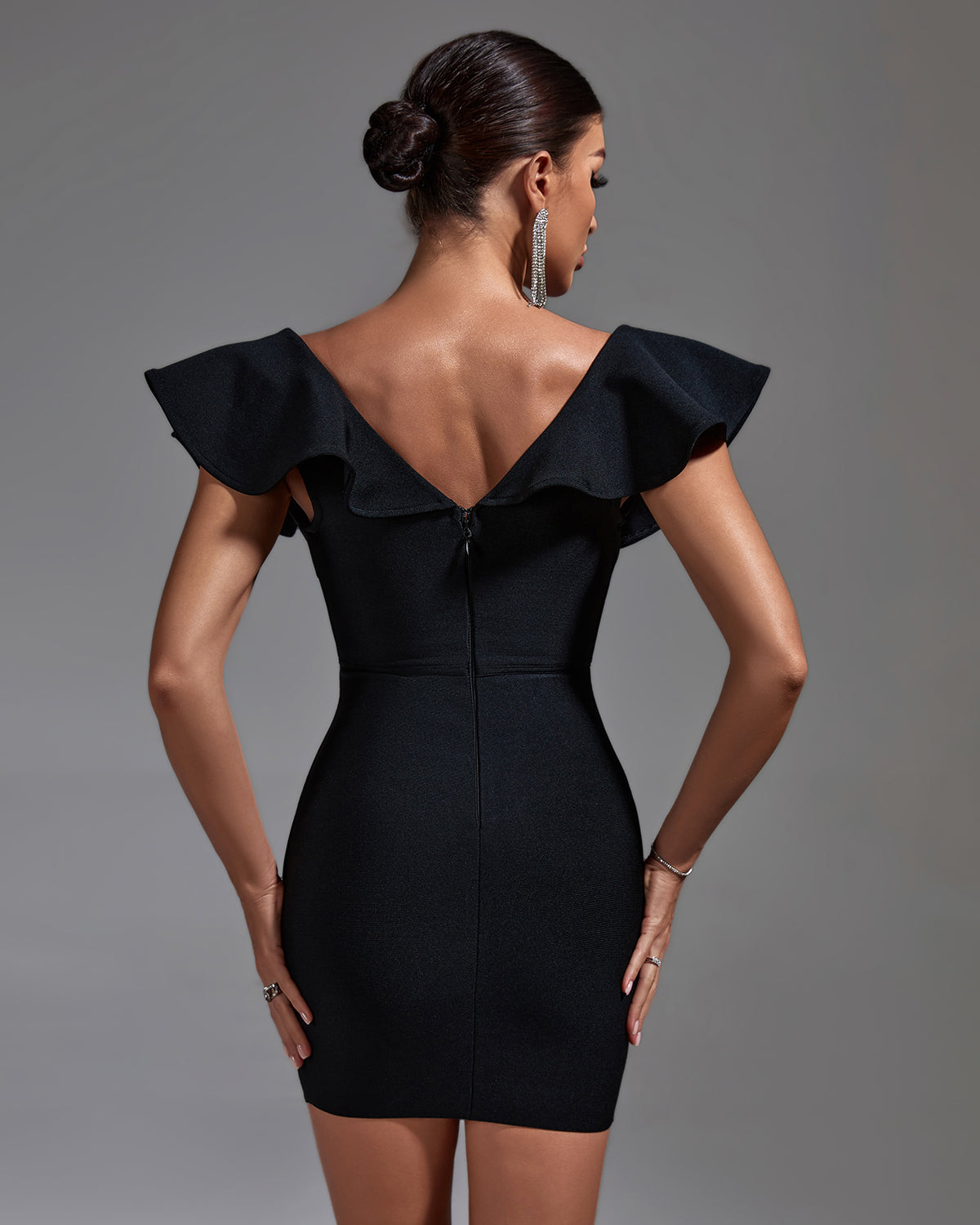 Black Deep V Ruffled Mini Bandage Dress PP23062