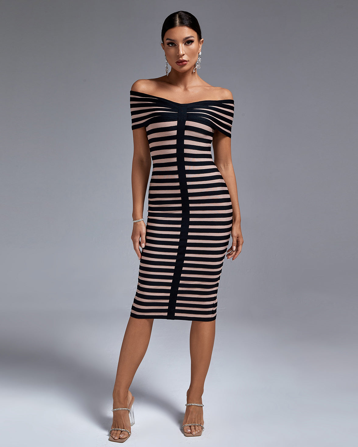 Black Stripe Off Shoulder Midi Bandage Dress
