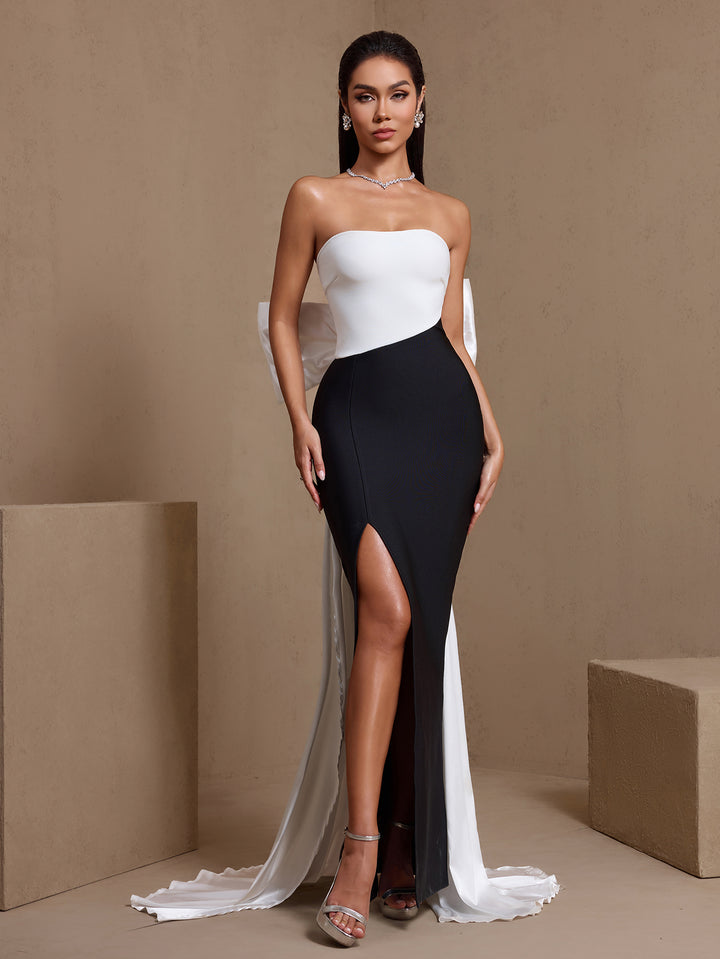 Contrast-Color Bowknot High Slit Bandage Dress PP23099