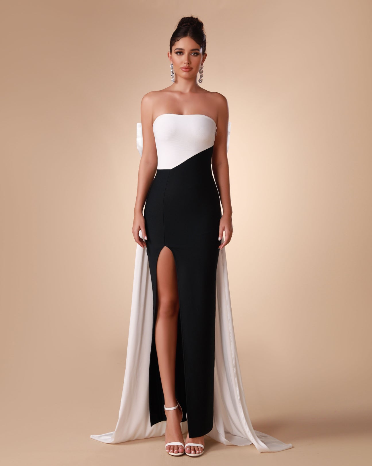 Black White Bow-Detail Bandage Long Dress