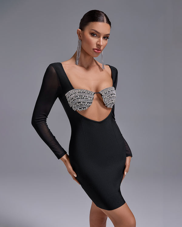 Mesh-sleeve Crystal Bustier Bandage Dress