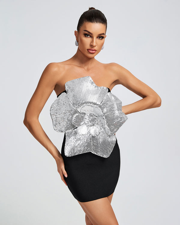 Silvery Faux-Flower Mini Bandage Dress