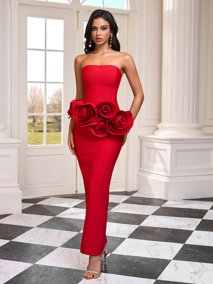Strapless Roses Floral Bandage Dress