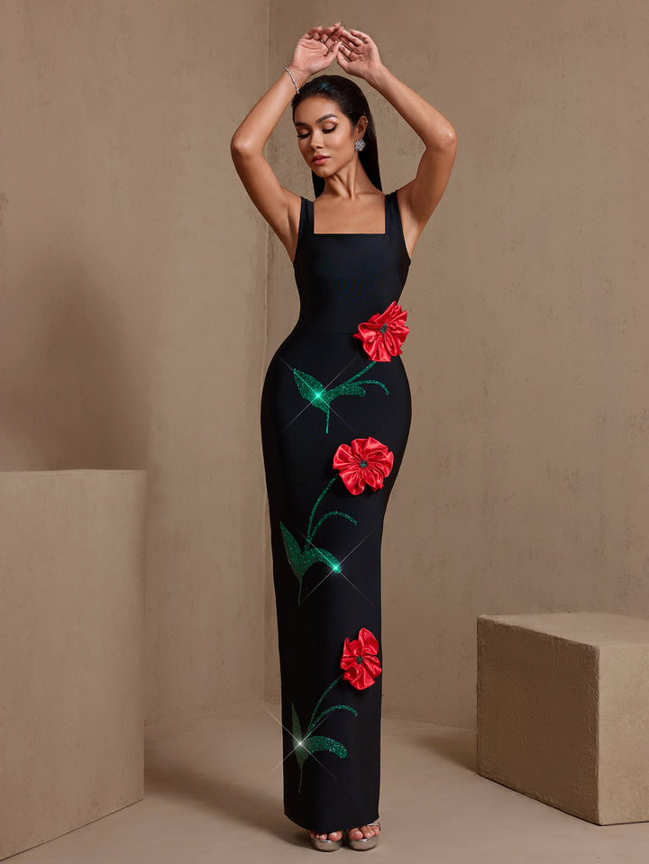 Square Neck Red Flowers Bandage Dress