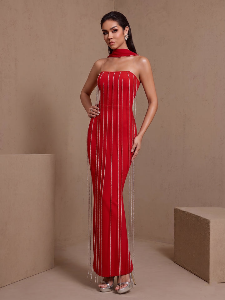 Halter Dangling Rhinestone Fringe Bandage Dress PP26097