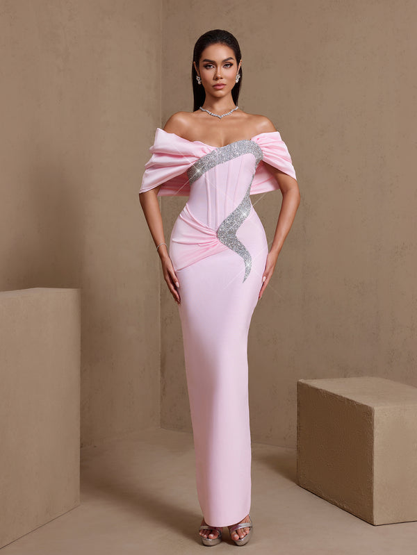 Off Shoulder Rhinestone Ruched Bandage Dress