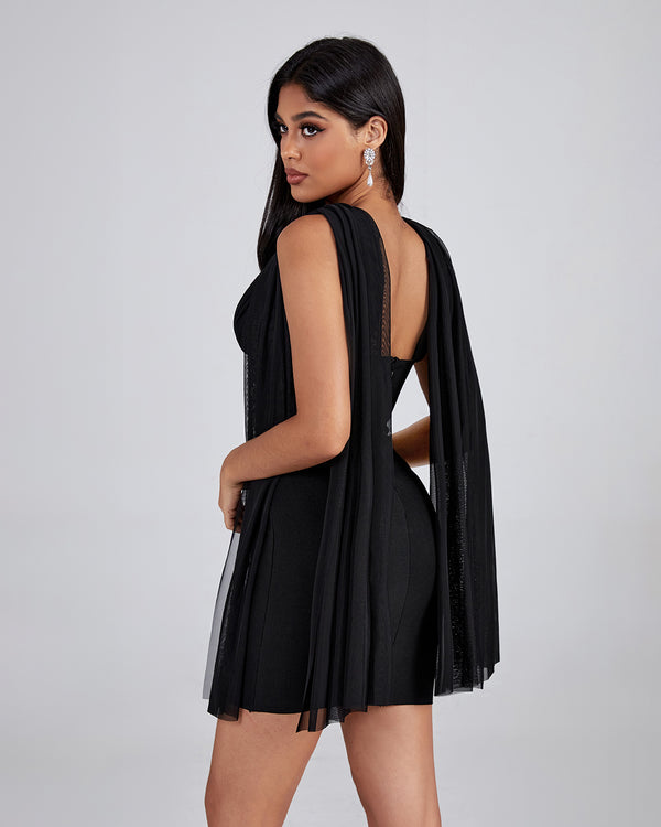 V Neck Tulle Detail Mini Bandage Dress