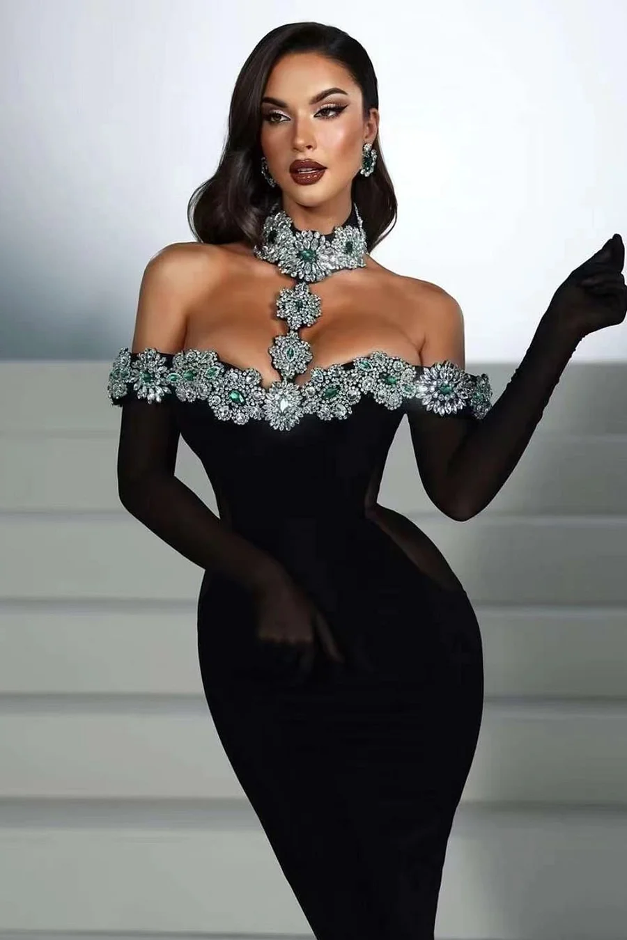 chinese dress ladies Halter Long Sleeve Color Diamond Maxi Bodycon Dress HT1131