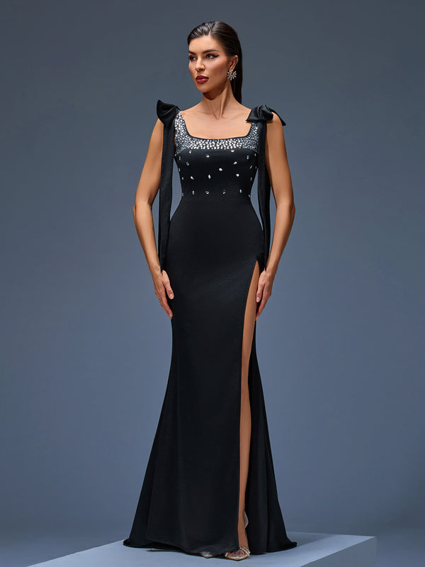Rhinestone Detail High-Slit Evening Dress