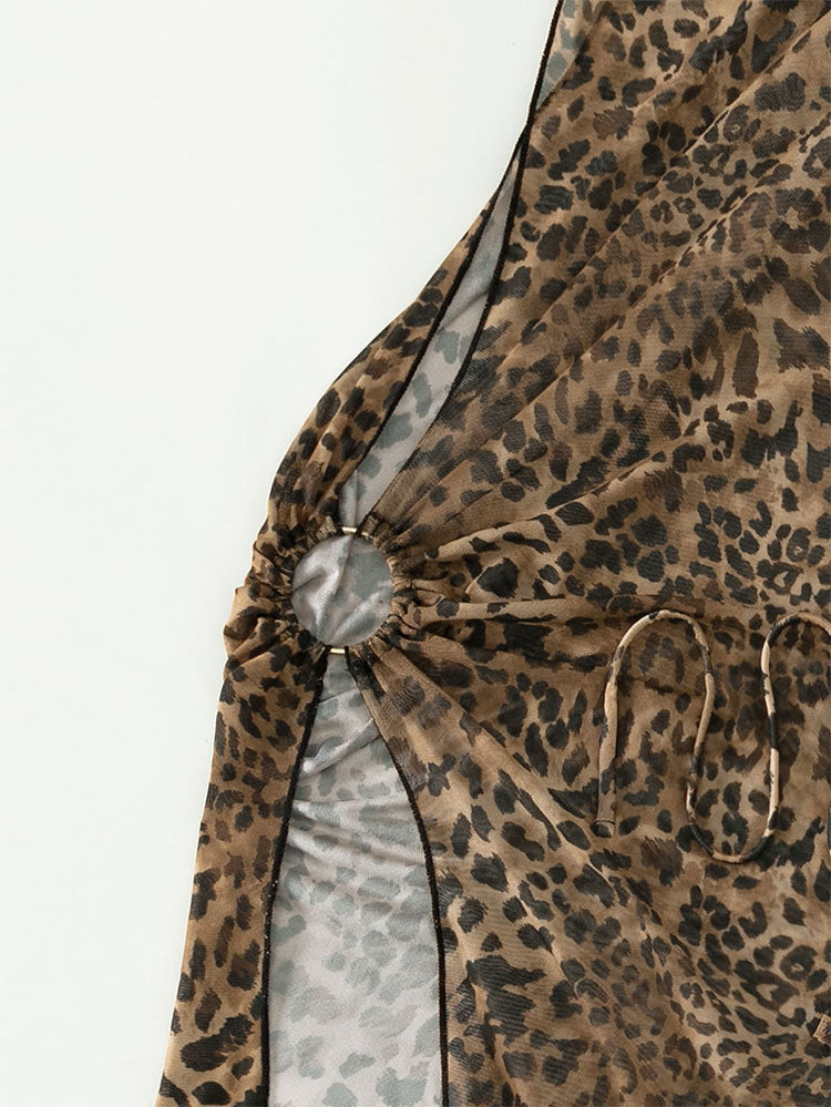 Leopard Print Three-piece Halter Neck Lace Swimwear