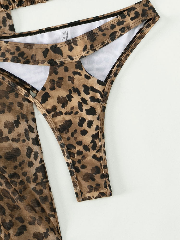 Leopard Print Three-piece Halter Neck Lace Swimwear