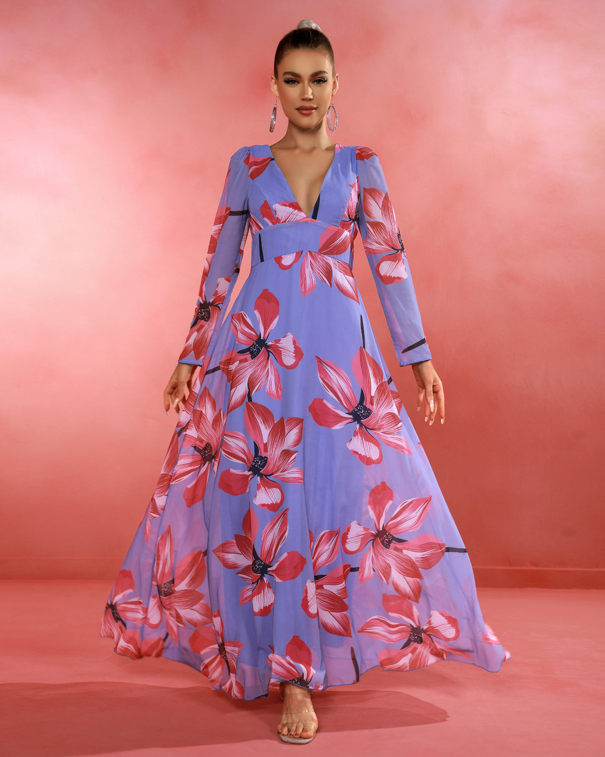 Purple Chiffon Floral Print Maxi Dress